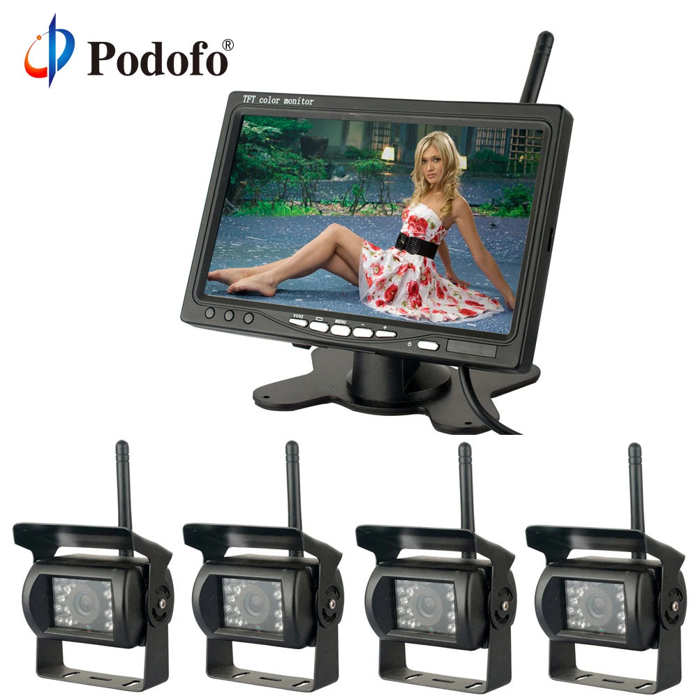 

Podofo Wireless 4 Backup Cameras with 7" Rear View Monitor for RV Truck Bus Parking Assistance System IR Night Vision Waterproof