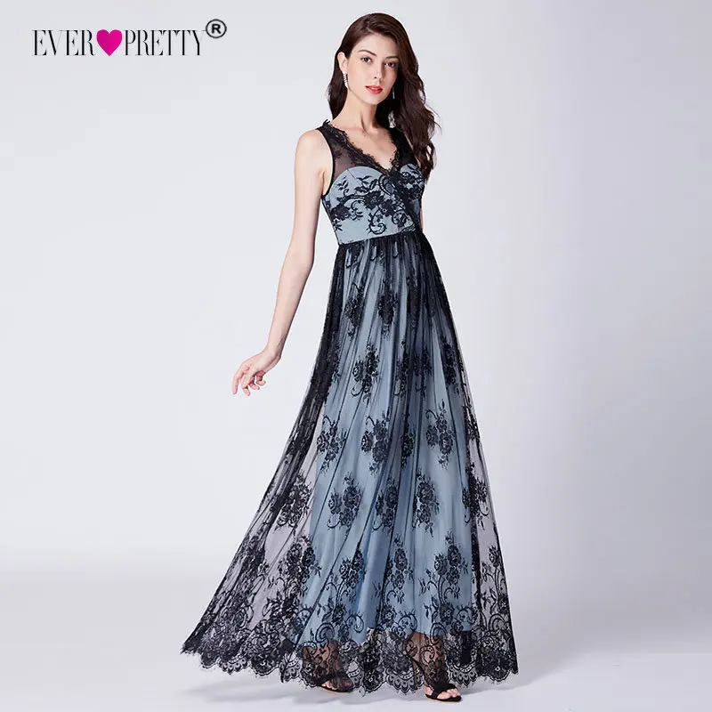 

Lace Evening Dresses Long Ever Pretty Cheap A-line Sleeveless V-neck Formal Party Gowns Sexy Illusion Elegant Robe De Soiree