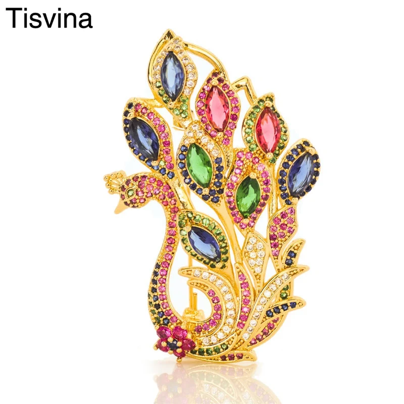 

Tisvina Luxury vintage Women Colored crystal Peacock Brooches Fine jewelry with CZ Authentic Corsage Sweater Scarf Brooch pins
