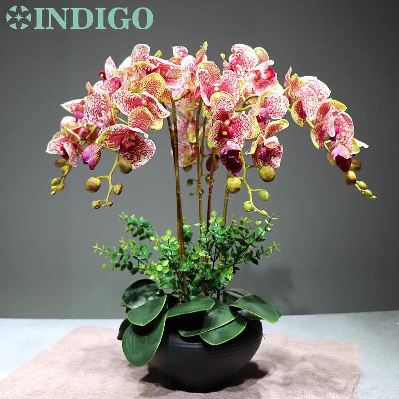 

INDIGO- Purple Spot Flower Arrangment Orchids With Leaves Real Touch Wedding Party Fake Flower Decorative Event Free Shipping