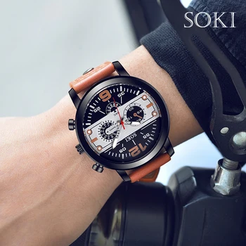 

Business Watches Fashion Casual Sport Military Luxury SOKI Brand Men Auto Date Quartz Watch Men Gold Leather Strap Watch