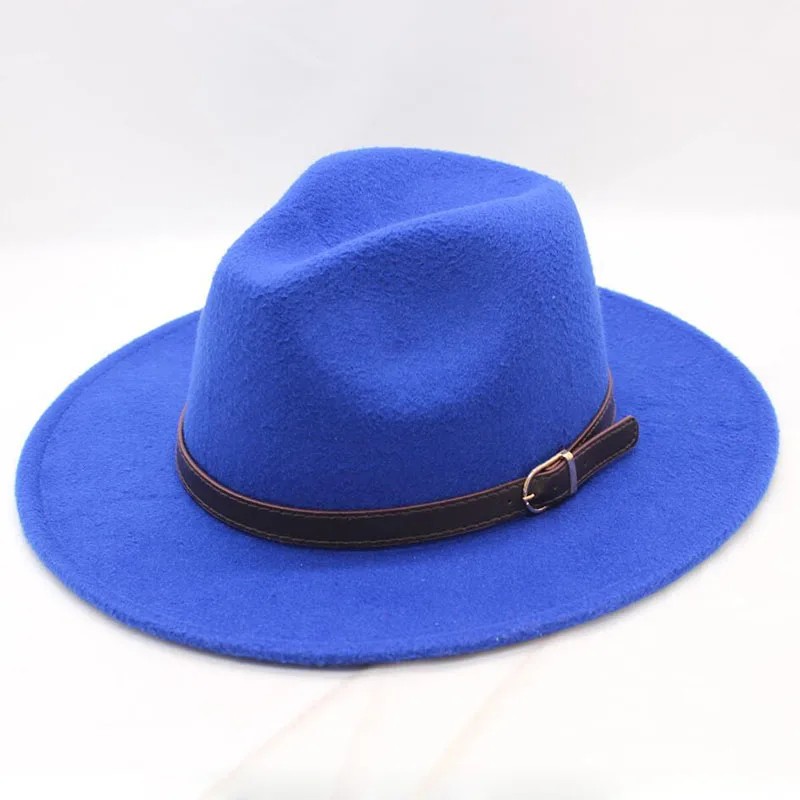 BINGYUANHAOXUAN, для мужчин и женщин, с широкими плоскими полями, шерсть, войлок, для формальной вечеринки, джаз, шляпа Федора, с поясом, металл, унисекс, топ, Солнцезащитная шляпа - Цвет: Royal blue