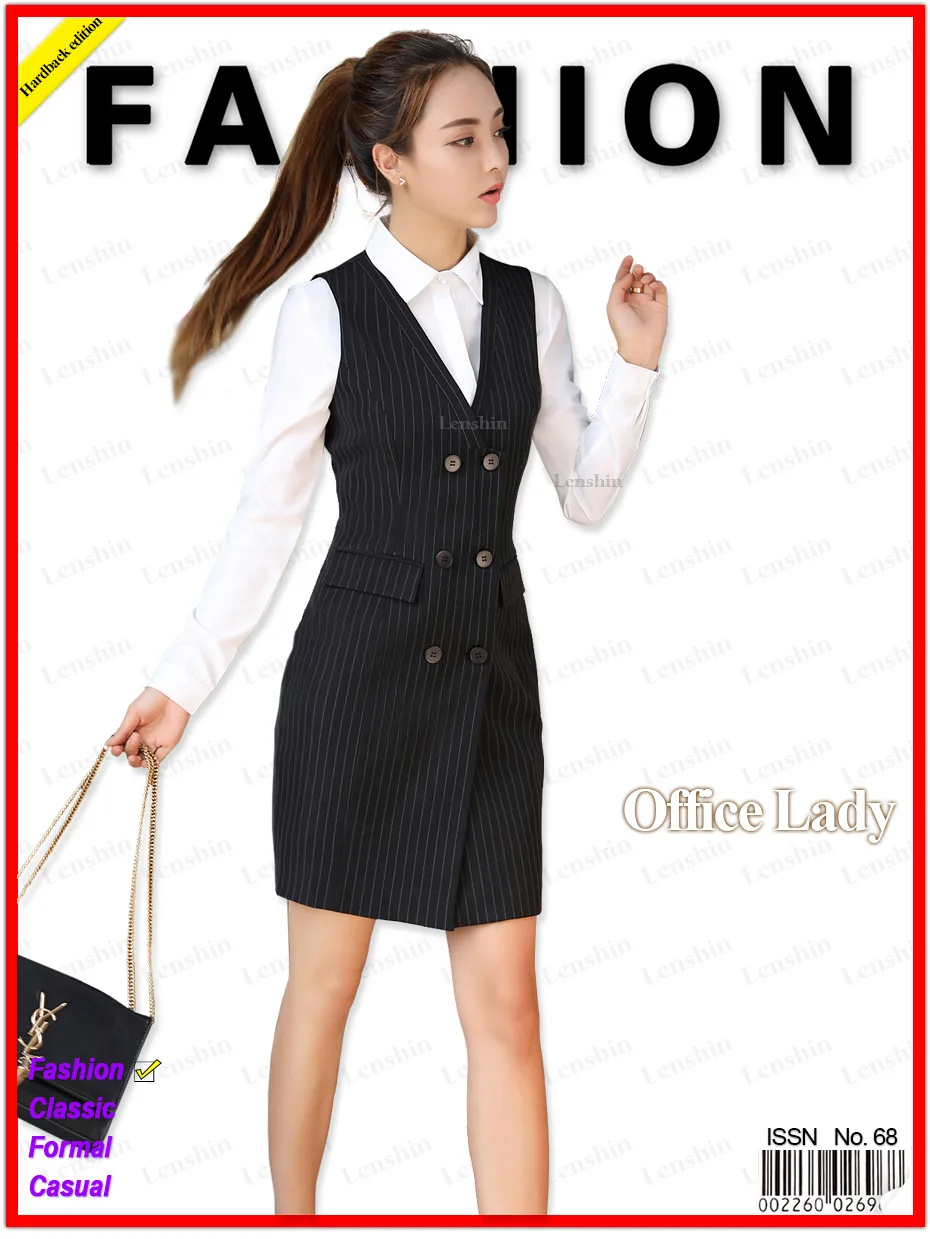 Lenshin женское черное с двумя карманами платье без рукавов в полоску с v-образным вырезом на молнии тонкая рабочая одежда Офисная Леди с подкладкой
