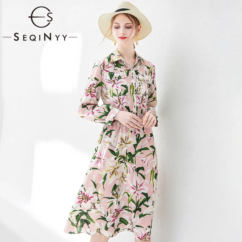 

SEQINYY Casual Dress 2020 Summer Spring New Fashion Design Romantic Lily Flowers Button Printed Pink Sweet Shirt Dress Women
