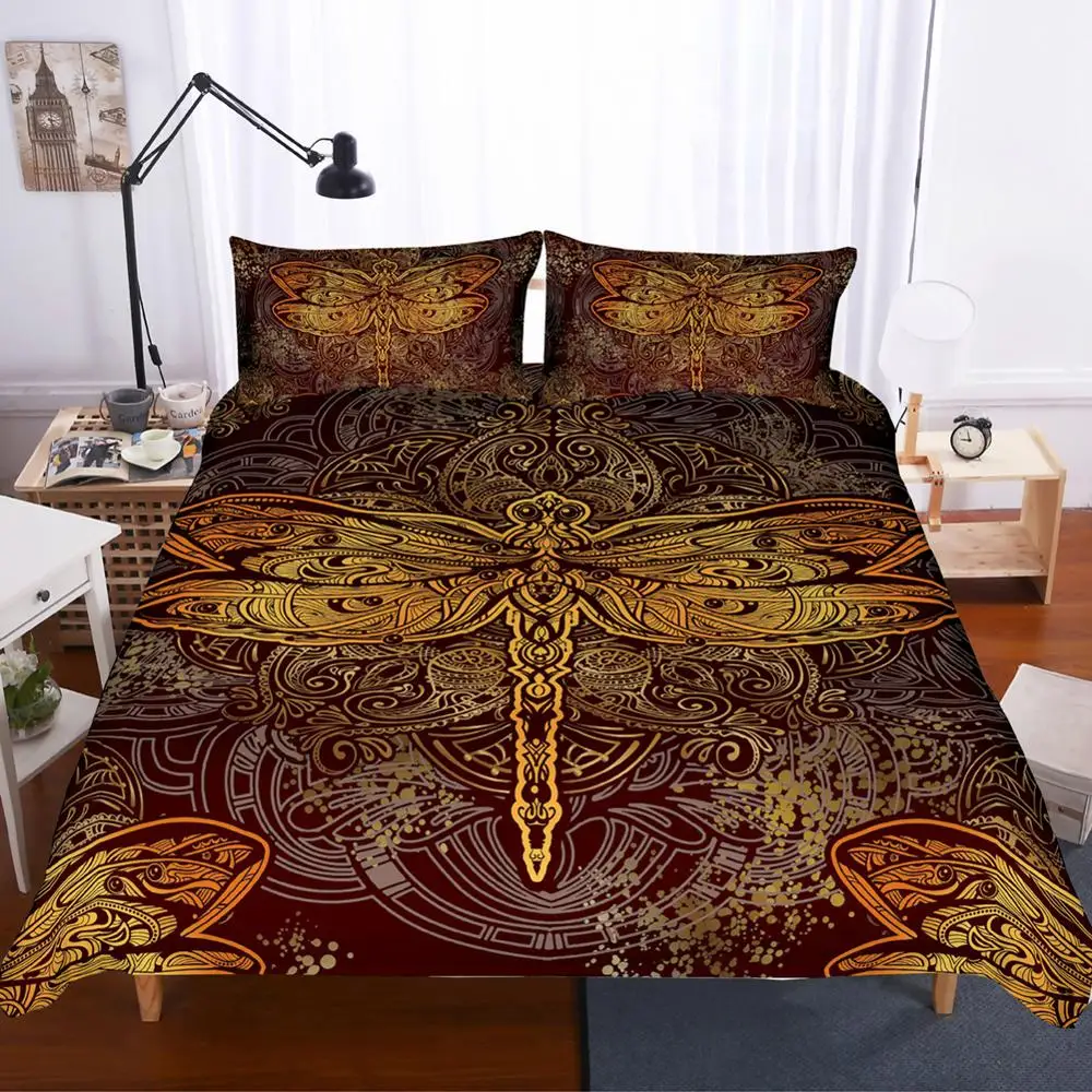 

Golden Dragonfly Bedding Set Bohemia Duvet Luxury Duvet Cover Set Animal Home Textiles Queen King 3 Pieces Dark Bed Set