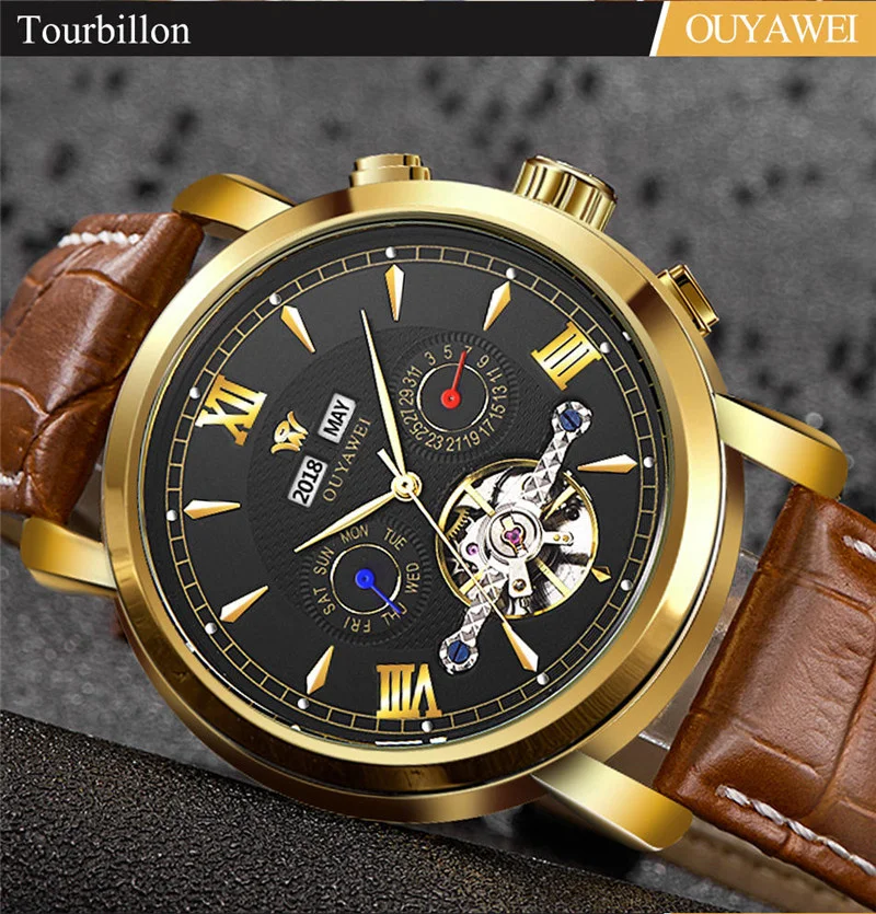 Mechanical Watch Mens Top Brand Luxury Tourbillon Men's Automatic Mechanical Watches Wristwatch Leather watch relogio masculino  (5)