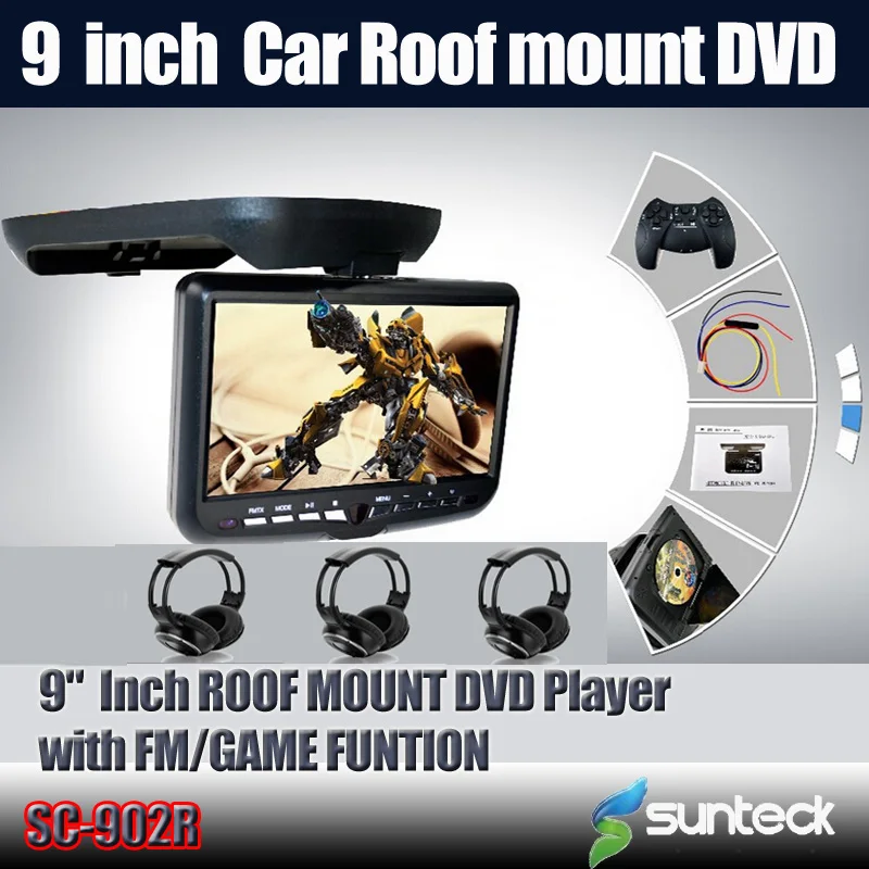 Excellent Free Shipping 9 " Roof Mount Car DVD Player with 32bit Game/MPEG4/USB/SD/FM/IR+3pcs IR wireless headphones For Free 0