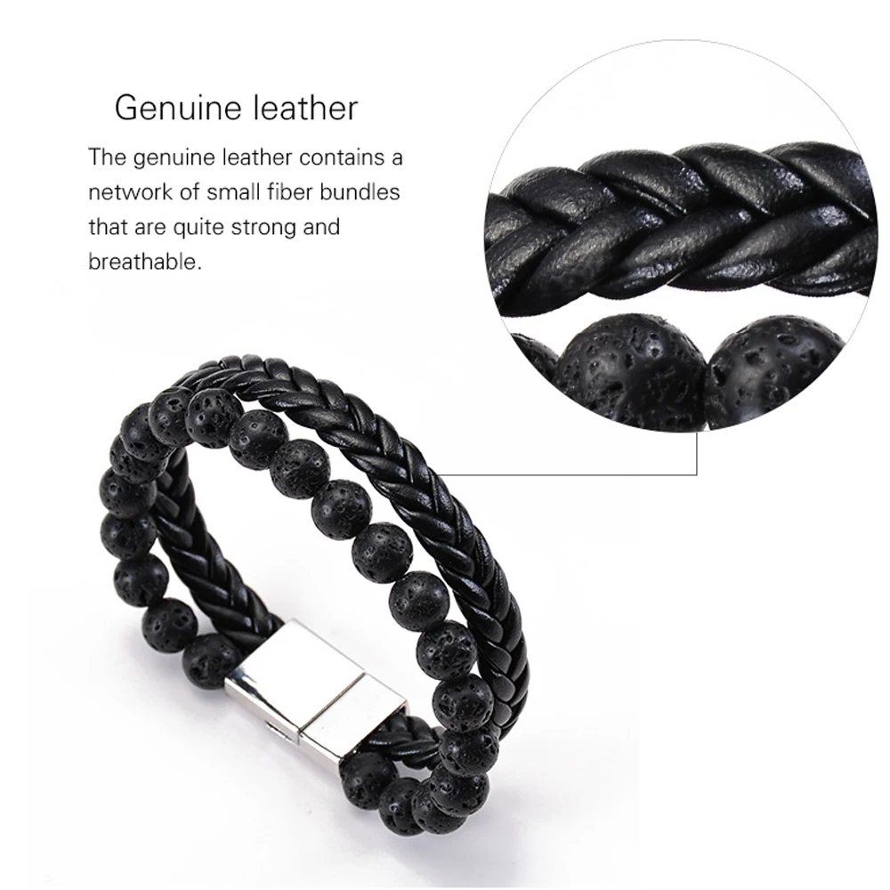 

Men Lava Stone Bead Leather Bracelet,Genuine Leather Braided Rope Bracelet Leaf Wrist Cuff Wristband for Men