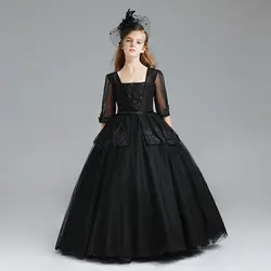 Черный Винтаж Арабский платье с цветочным узором для девочек для свадьбы бальное платье 2018 3D цветочный с кружевными цветами для девочек