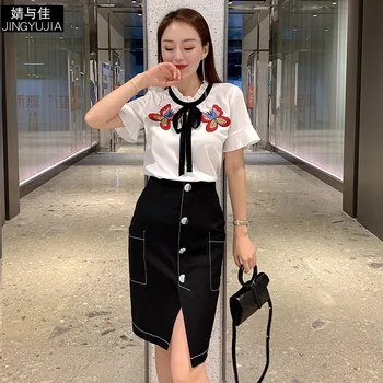 

Skirt Top Set Women Summer 2019 New Pleated Short Sleeves Embroidered Butterfly Top + Split Pencil Skirt Two Piece Set
