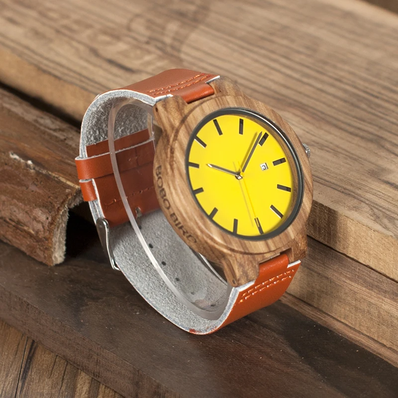 BOBO BIRD WO09 Newest Zebra Wood Watches Yellow Orange Leather Band Calendar Quartz Watch for Men Women With Wooden Box OEM