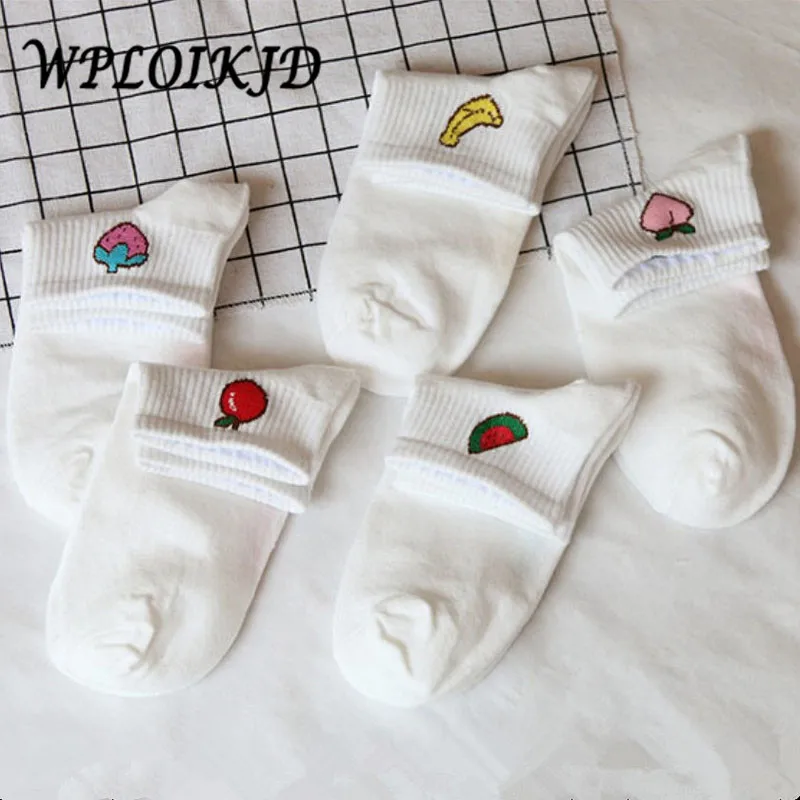 

[WPLOIKJD]Japan Harajuku Art Fruit Peach Strawberry Watermelon Banana Print Socks Candy Color Funny Socks Women Calcetines Sox