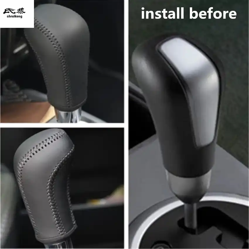 Black Genuine Leather Hand stitched Gear Shift Knob Cover Trim For