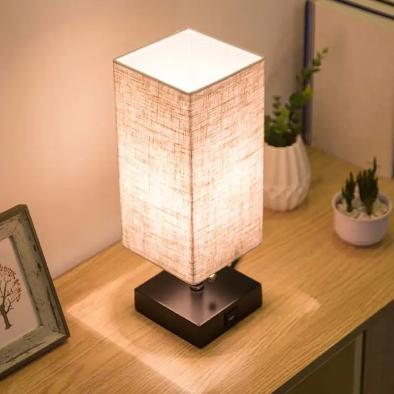 Деревянная основа ткань абажур прикроватная Настольная лампа с USB портом и выключателем современный дизайн
