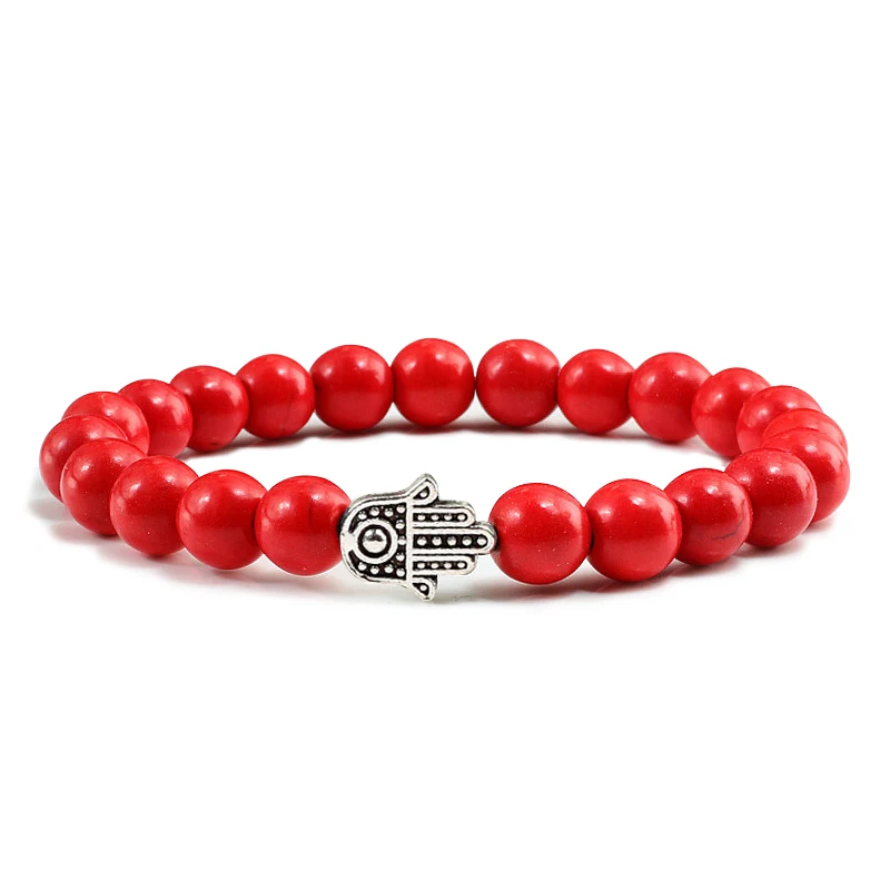 Hot Sale Alloy Hand Black Lava Beads Bracelet Natural Stone Volcanic Prayer Charm Bracelets Women Men Jewelry Femme Homme Gifts - Окраска металла: Red Sliver