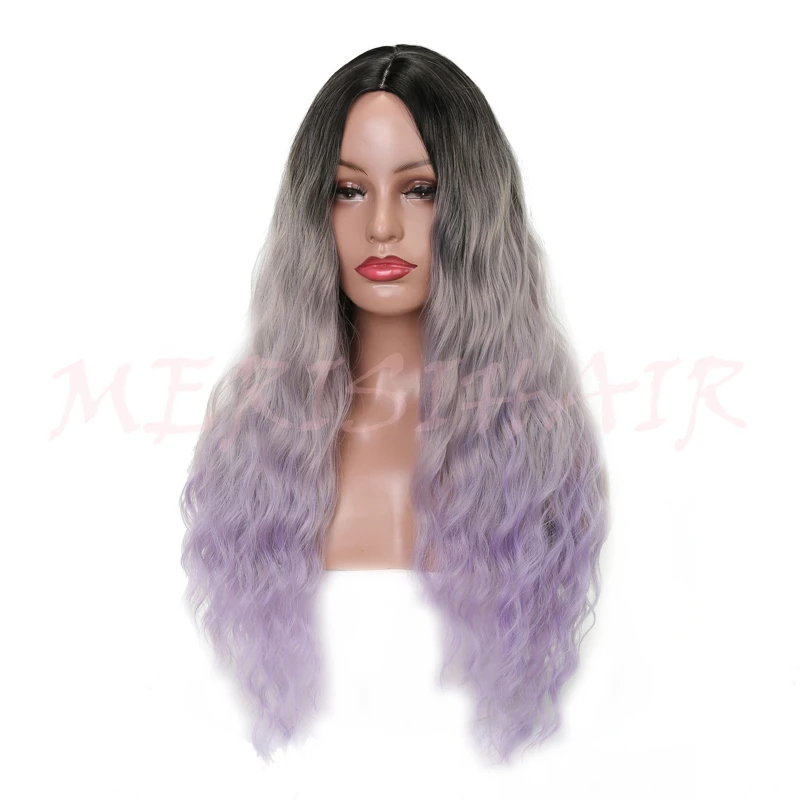 MERISI HAIR Long Wavy Gray Omber Purple Wigs For Women  Synthetic Hair  High Temperature Fiber Average Size1 (4)