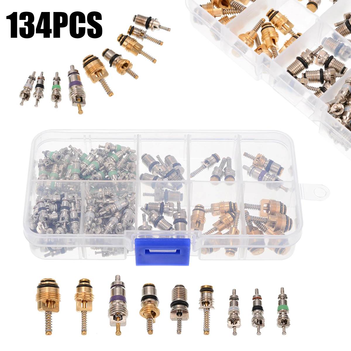 134pcs Assortment A/C Schrader Valves R134a R12 Kit Of 9 Kinds For Auto AC Valve Cores Tool Replacement