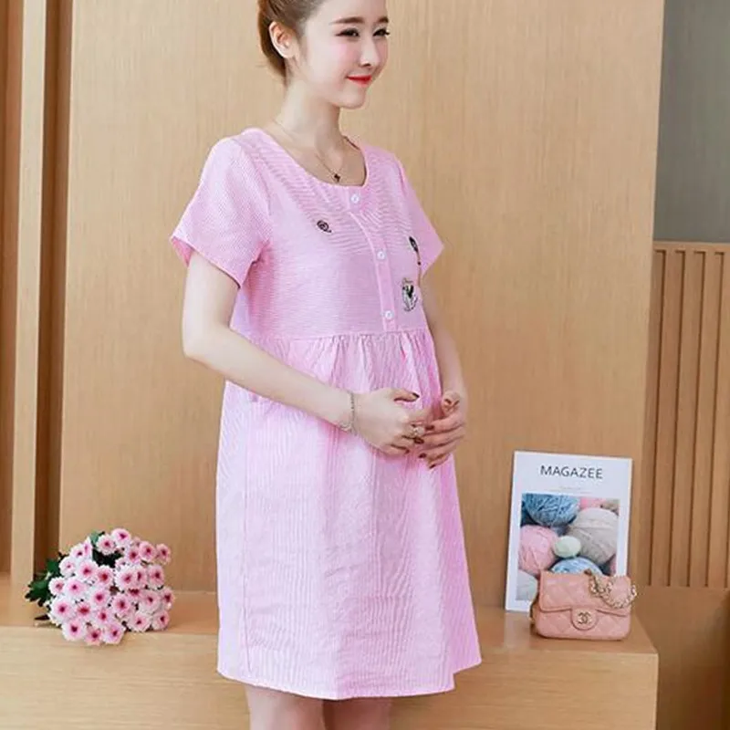 

OUTAD Summer Maternity Nursing Dress Ties Waist Short Sleeve O-neck Striped Shirt Dress for Pregnant Women Pregnancy Clothing