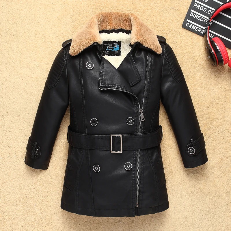 

Navy Heavyweight Thick Boys Leather Jacket with Fur Collar for Autumn Winter Kids Baby Warm Coat Bomber Children's Clothing