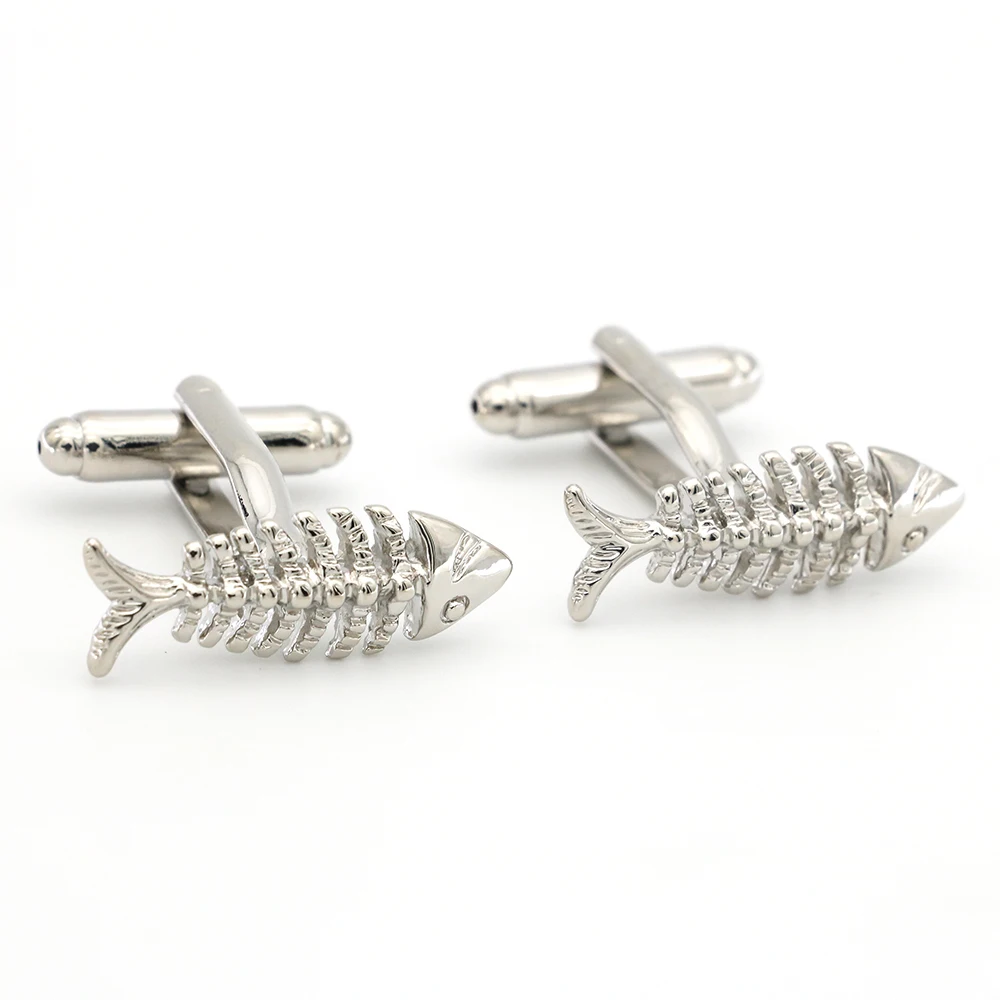 

Men's Fish Bone Cuff Links Copper Material Silver Color