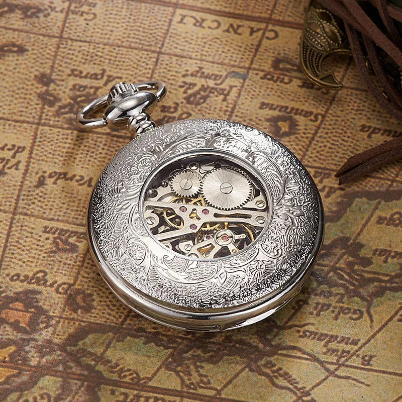 OUYAWEI Sky Blue Pocket Watches Men Hand Wind Mechanical Vintage Pendant Watch Necklace Chain Antique Fob 4