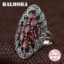 BALMORA 100% Real 925 plata esterlina rojo granate Retro y elegantes Anillos para las mujeres boda del partido del amante Anillos SLS20042