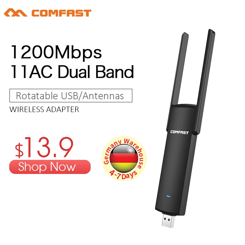 Tanie COMFAST adapter usb wifi 1200 mb s 2.4Ghz + 5.8Ghz dwuzakresowy klucz wi fi Plug And Play AC karta sieciowa antena wifi na usb CF 926AC
