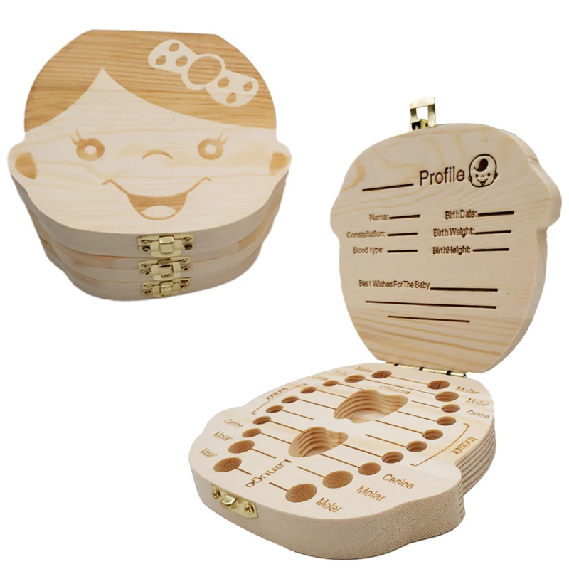 Boîte de rangement en bois pour bébé enfants boîte à dents organisateur boîte de rangement pour bébé lait dents recueillir organisateur espagnol et anglais Case