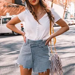 2019 для женщин Высокая талия джинсы для юбки отбеленная джинсовая ткань уличная Лето Твердые Кнопка мини юбка