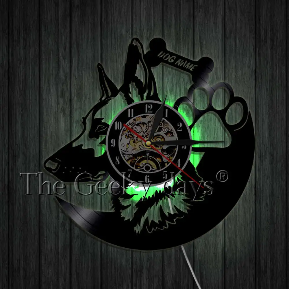 Günstig Hund Rasse Deutsch Shepherd Dog Art Wand Dekor Uhr Anpassen Hund Name Vinyl Rekord Wanduhren Moderne Geschenk Für Haustier liebhaber