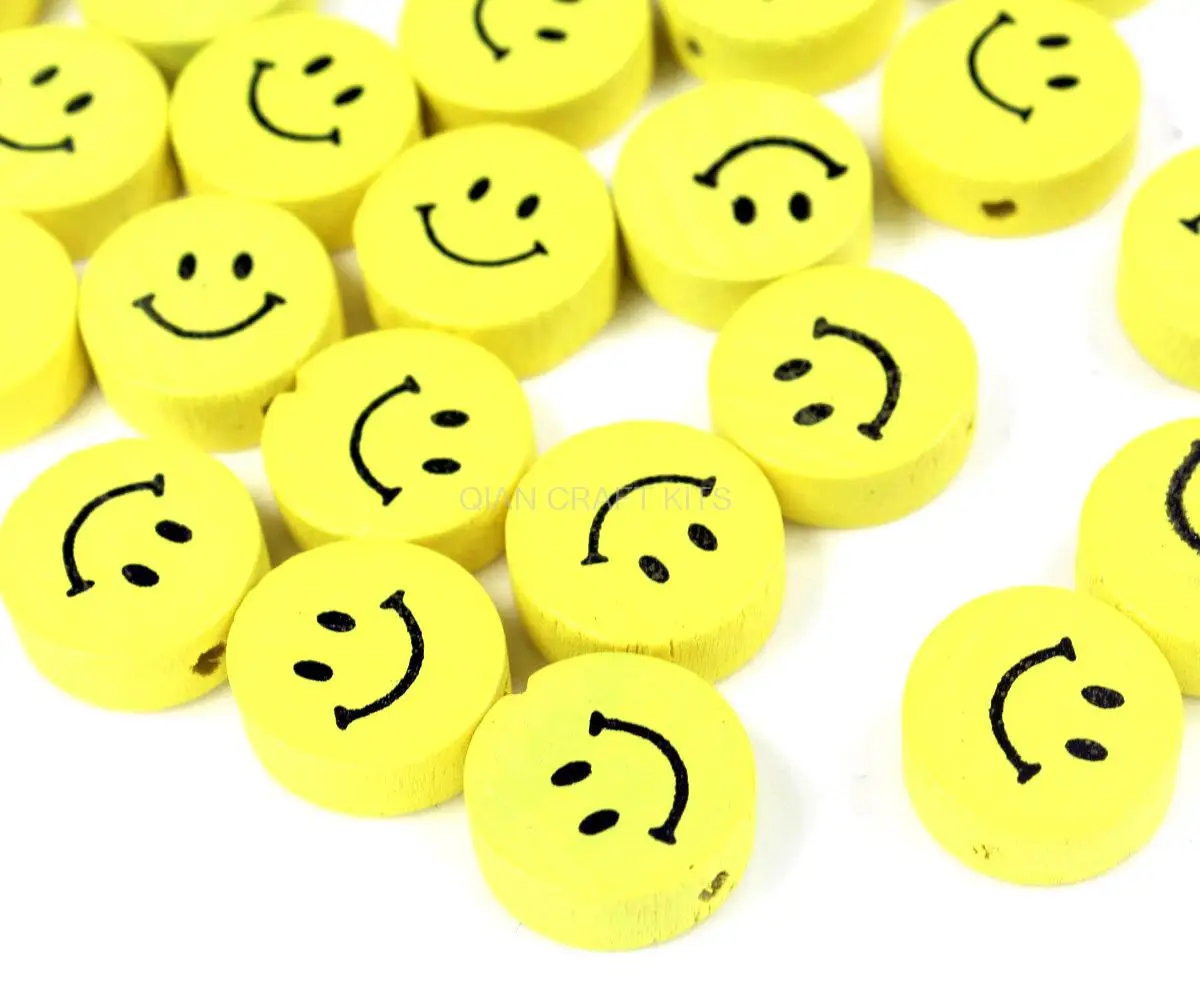 

300pcs yellow color smiley face beads 17mm, wooden Yellow Smiling Wood Beads with holes for stringing
