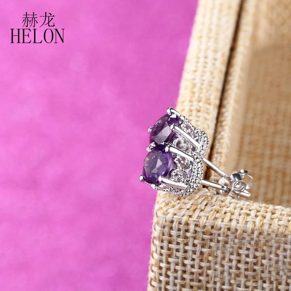 HELON Solid 10K белое золото 1.6ct настоящие натуральные серьги с аметистом для свадебное кольцо для женщин арт-деко романтические драгоценности