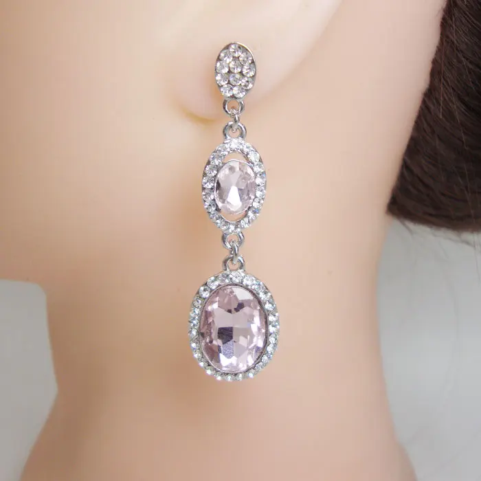 

Bride Pretty Pink Austrian Crystal Oval Teardrop Earrings Silver Color
