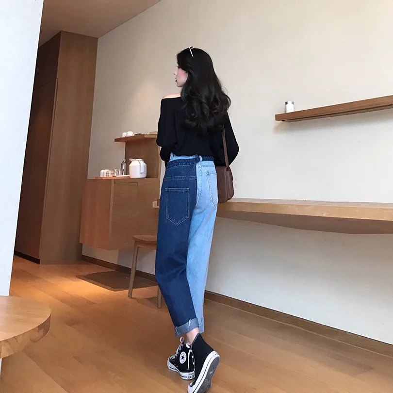 spring New style mock two-piece contrasting color stitching jeans women's Hong Kong-style slimming straight-cut ankle-lengt