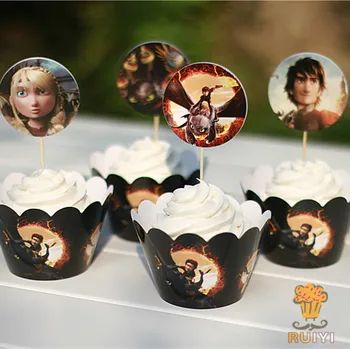 

24pcs Kids birthday Party Cupcake Wrappers Favors How to train your dragon Cup Cake Toppers Picks AW-0020