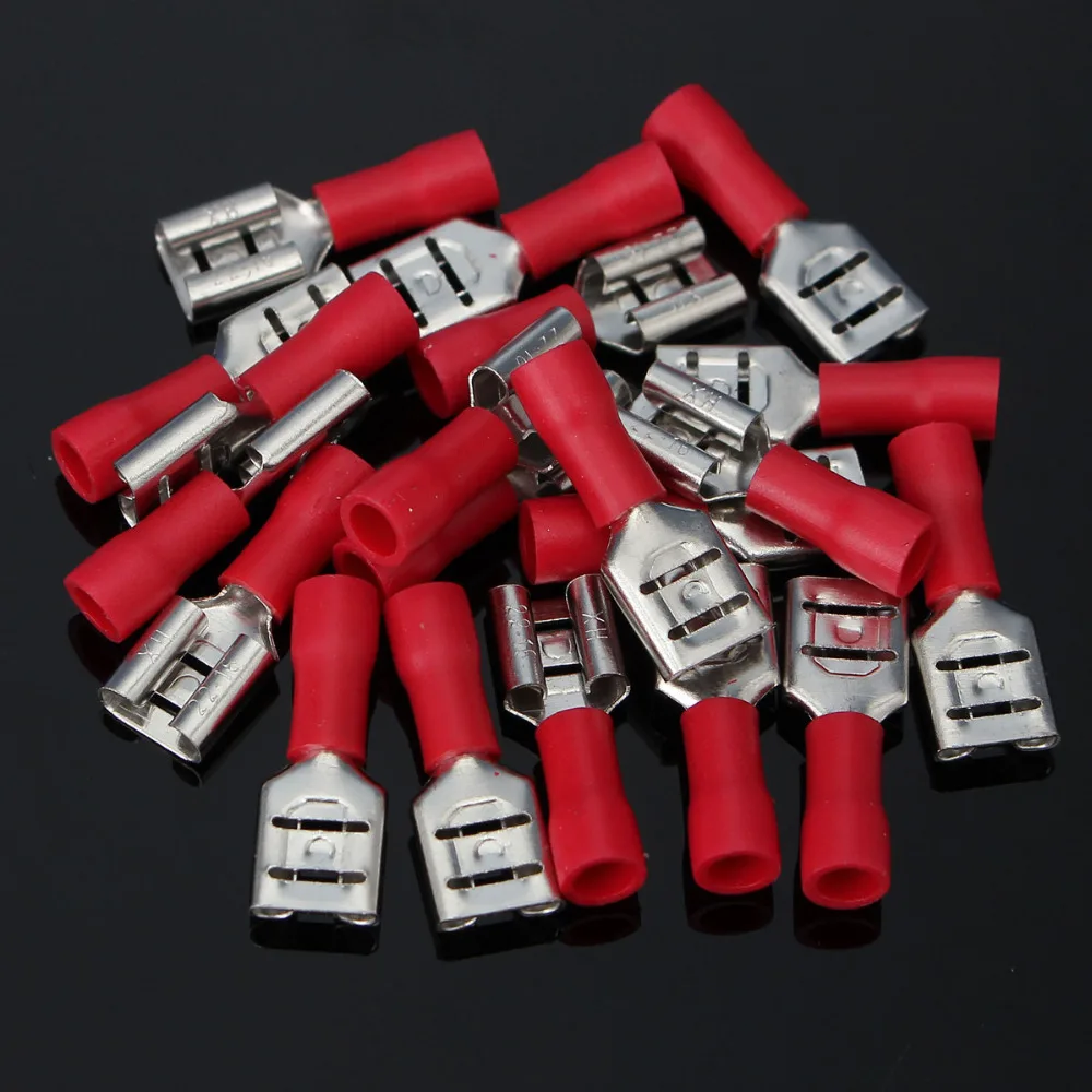 100Pcs Red 6.3mm Insulated Female Spade Terminal Crimp Wire Connector 22-18AWG !