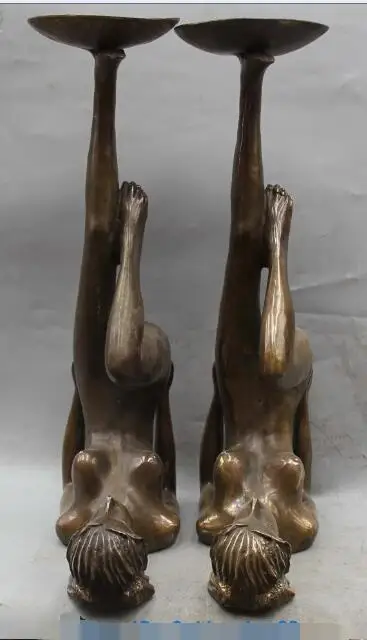 

S2282 15" Chinese Bronze Beauty Belle Peri Statue Copper Candle Stick Holder Pair