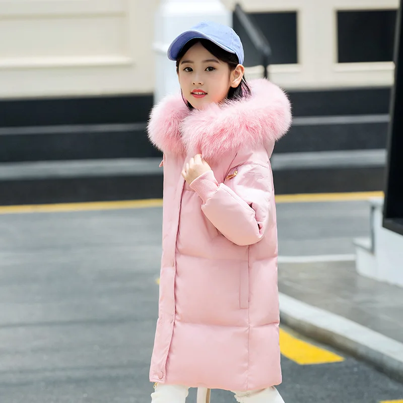 30 градусов детская верхняя одежда, стеганая куртка, пальто для девочек, Костюмы теплый пуховик для девочек одежда зимняя утепленная парка с капюшоном из настоящего меха - Цвет: Розовый