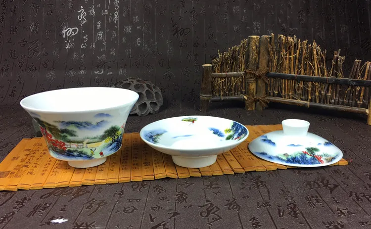 Высокая емкость Китайский Ручная роспись чай Комплект Элегантный Gaiwan 300 мл керамика пиалы для чая крышкой соусница для тарелки глазури Кунг фу чашки