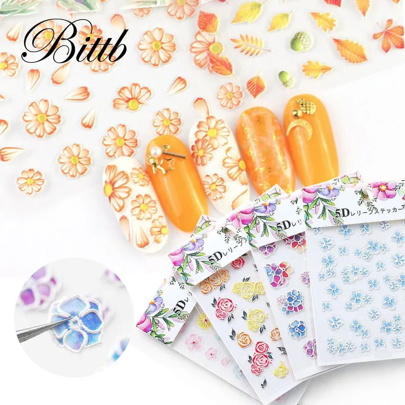 

Bittb 5D Engraved Nail Sticker Flower Template Decals Self Adhesive Acrylic Embossed Nail Art Decoration DIY Summer Decor