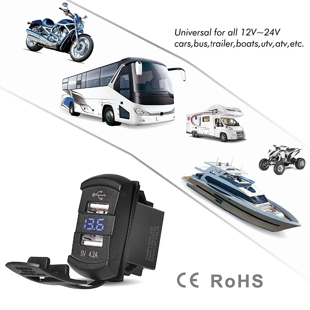 12V Dual USB Port Charger Voltmeter Blue LED Light For Car Motorcycle RV ATV UTV