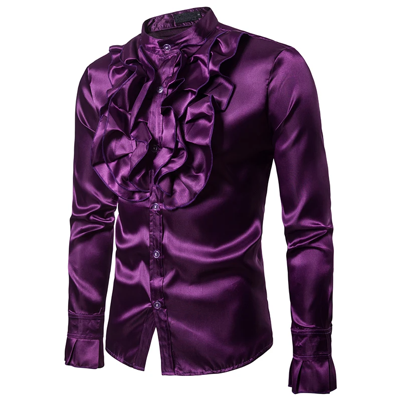 Винтажные мужские рубашки с воротником-стойкой, однотонная блестящая блузка с рукавами, рубашки для выступлений