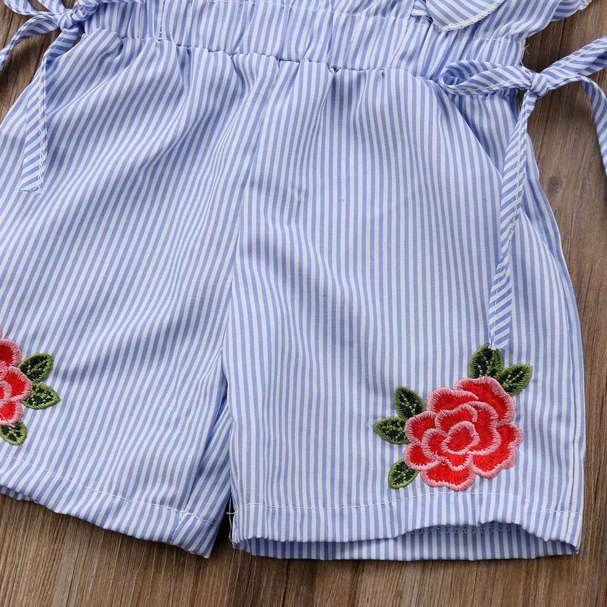 Милая летняя одежда для малышей комбинезон для девочек с коротким рукавом лепесток эластичный пояс Цветочный принт Полосатый синий комбинезон