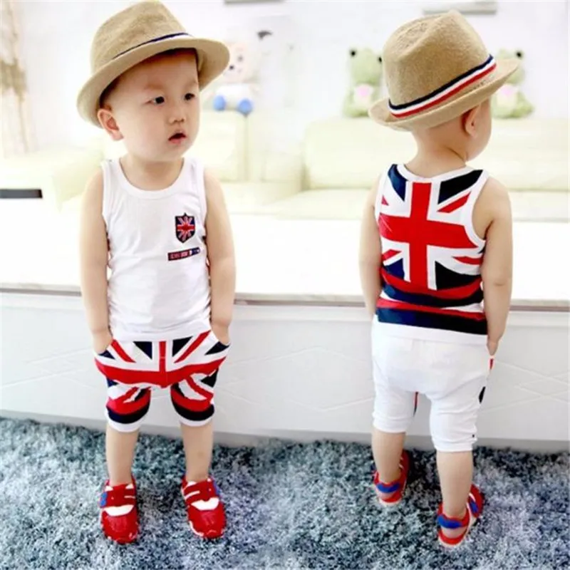 

Children Clothing Kids Baby Boys Union Jack Outfits Vest Tops Pants Set Clothesed T-shirt And Pants Suits Girls Clothes Hot