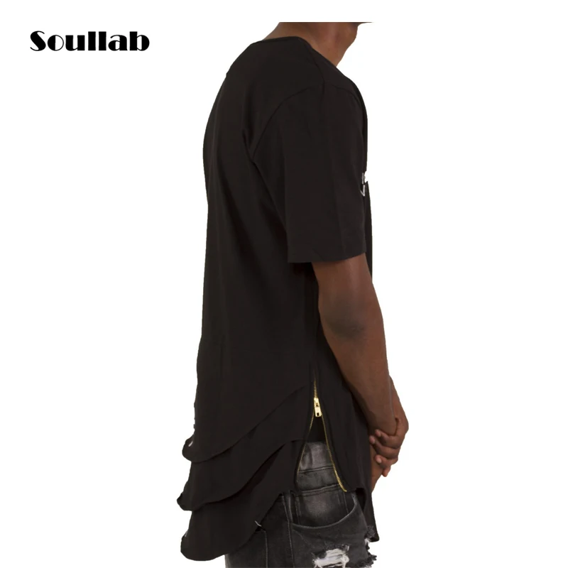 olive Side Zipper Extended Mens Hip Hop Hiphop Swag Long Casual T Shirt