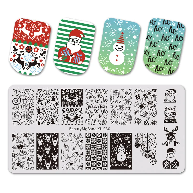 

BeautyBigBang Stencil For Nail 14 Kinds Christmas Series Image Snowman Nail Art Template Nail Stamping Plates BBB XL-030