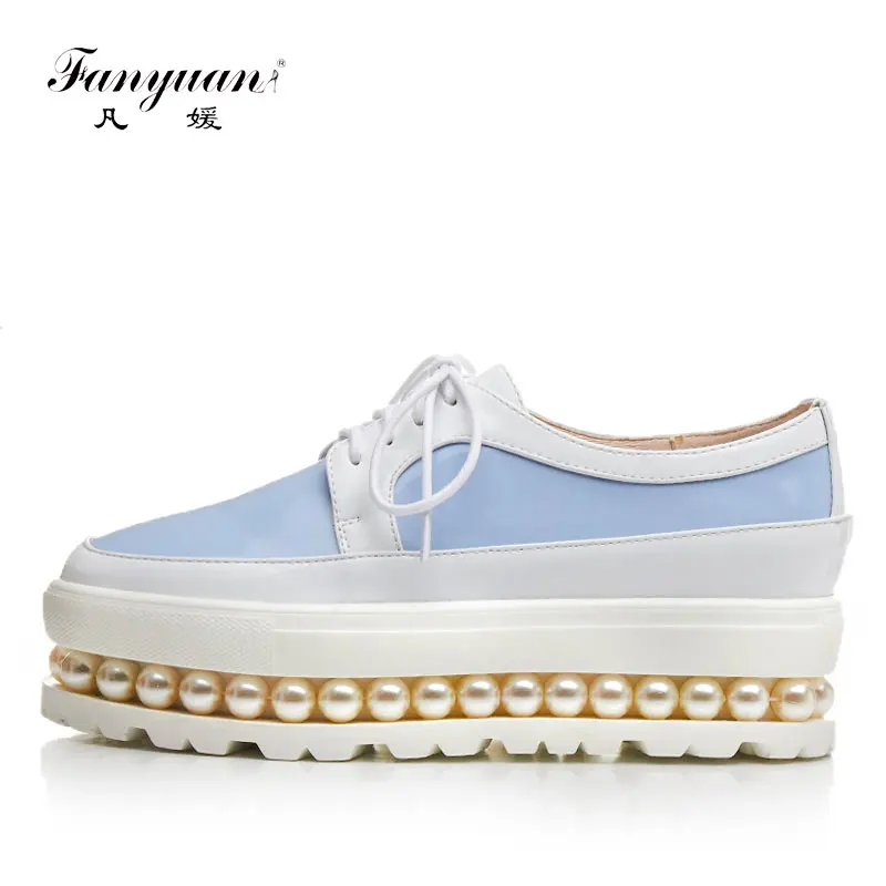 

Mixed Colors Woman Shoes 2017 Spring Derby Shoes Lace-up Flat Shoes Beading Pearl High Flats Platform Lady Round Toe Oxford Shoe