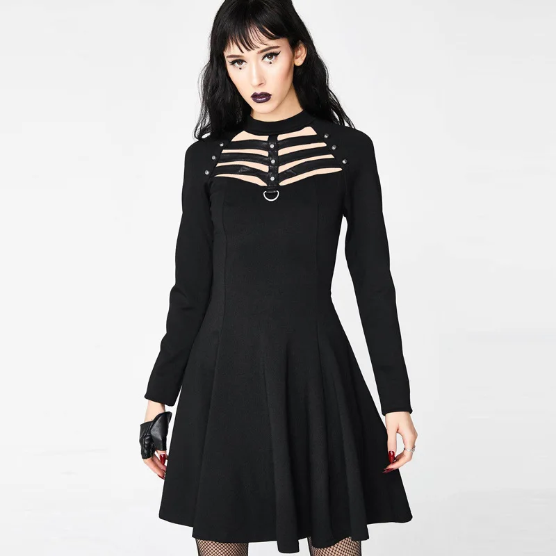 Personality Rock Punk Night Club Party Dresses Black Chest Hole PU