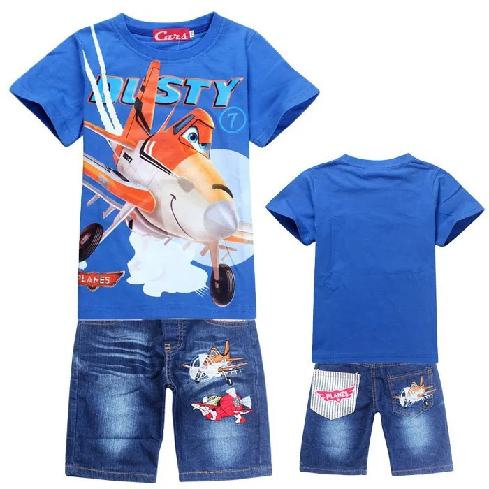 Children Boys Summer Cartoon Plane Shorts Denim Pants Sport Clothing Sets Baby Kids Short Sleeve T Shirt Jeans Clothes Suits