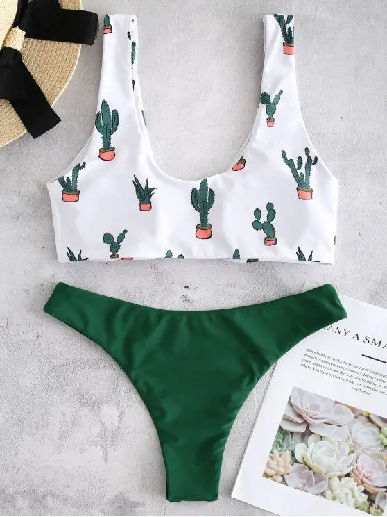 OULING Cactus Print Micro Tanga Bikini Mujer 2018 Push Up Biquini Sexy Thong Bathing Suit Women Swimming Wear Two Piece Swimwear